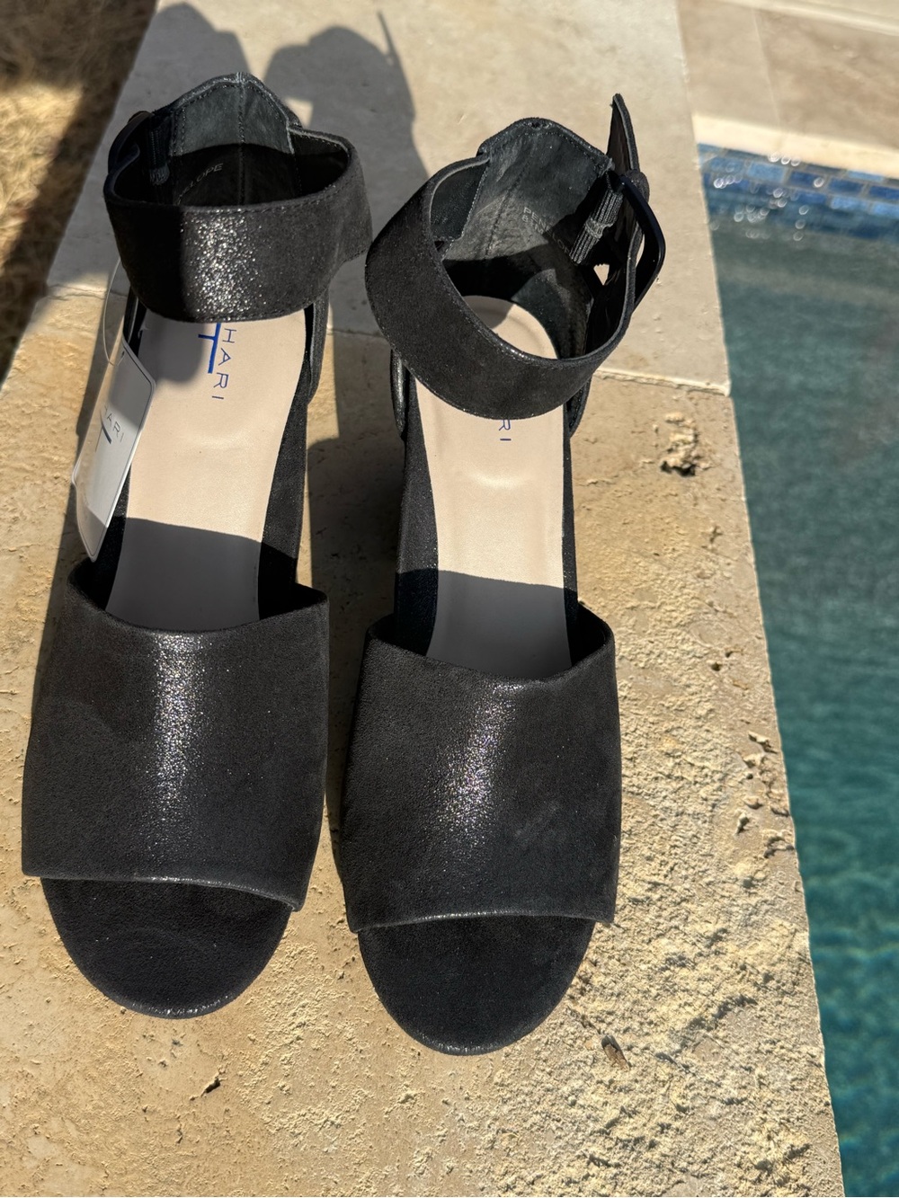 Tahari Penelope Black Shimmer Suede Wedge Sandal Sz 8.5